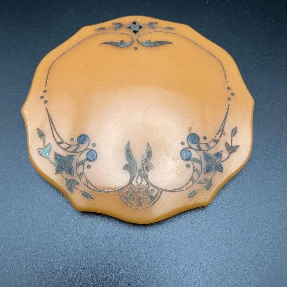 Vtg  Art Deco Glass Amber Vanity/Dresser Powder Jar Celluloid Decorative Lid